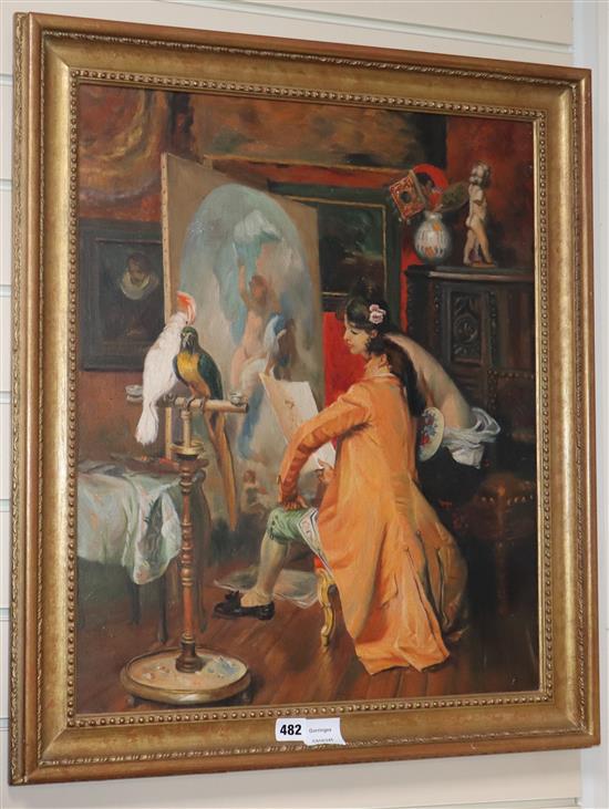 English School, oil on canvas, Interior with artist and muse, 59 x 49cm